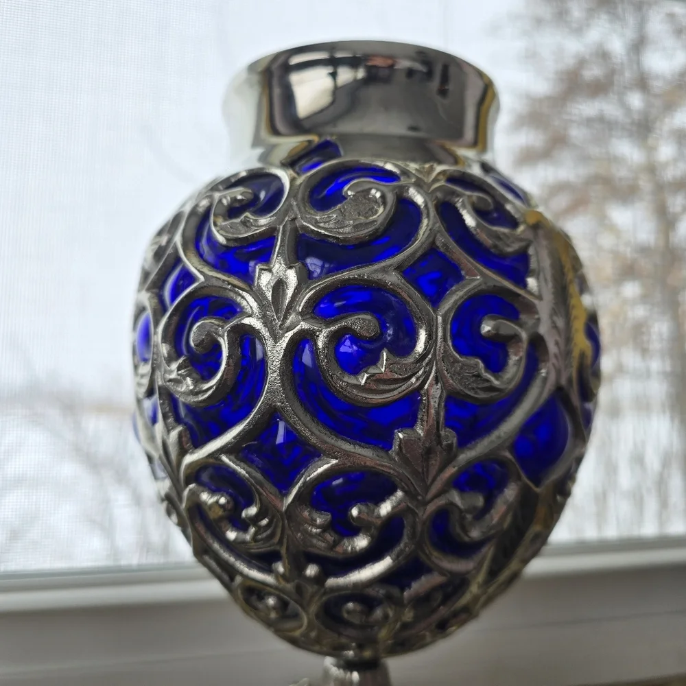 Antique Ornate Colbalt Blue and Silver Decorative Vase - Picture 3 of 14